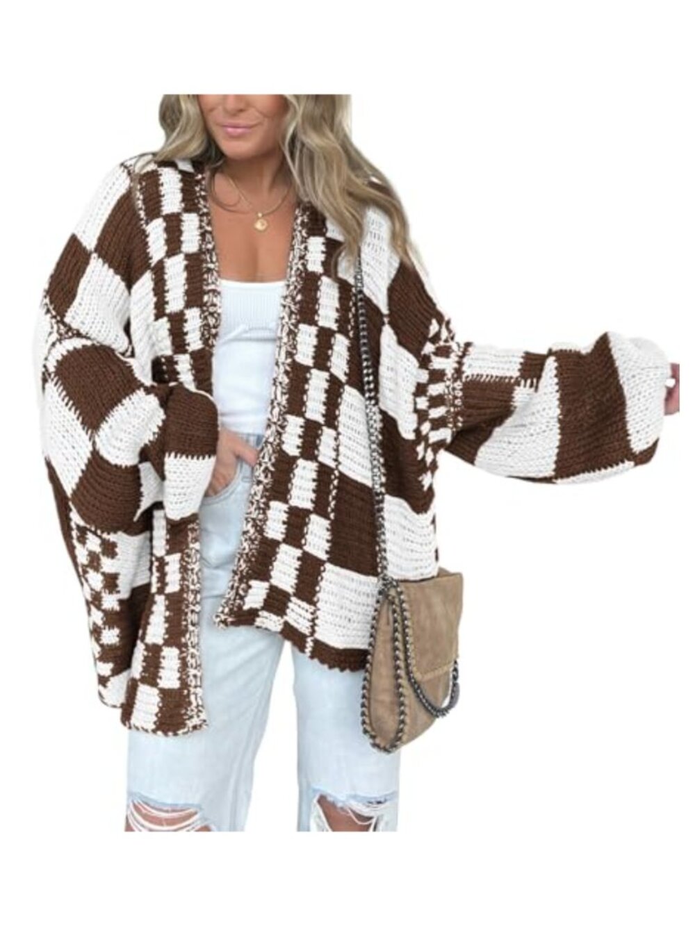 Women's Open Front Cardigan Long Sleeve Ribbed Knit Checkered Sweater
